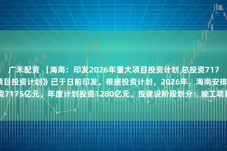 广禾配资 【海南：印发2026年重大项目投资计划 总投资7175亿元】《海南省2026年重大项目投资计划》已于日前印发。根据投资计划，2026年，海南安排省重大项目470个，总投资7175亿元，年度计划投资1280亿元。按建设阶段划分：竣工项目92个，总投资910亿元，年度计划投资211亿元，占17